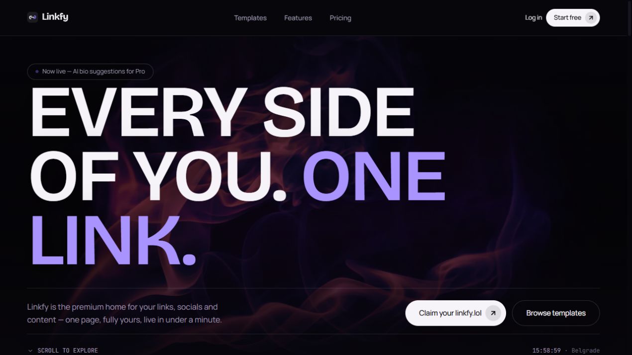 Linkfy’s homepage with the headline Every side of you. One link, a violet fluid background, and actions to claim a page or browse templates
