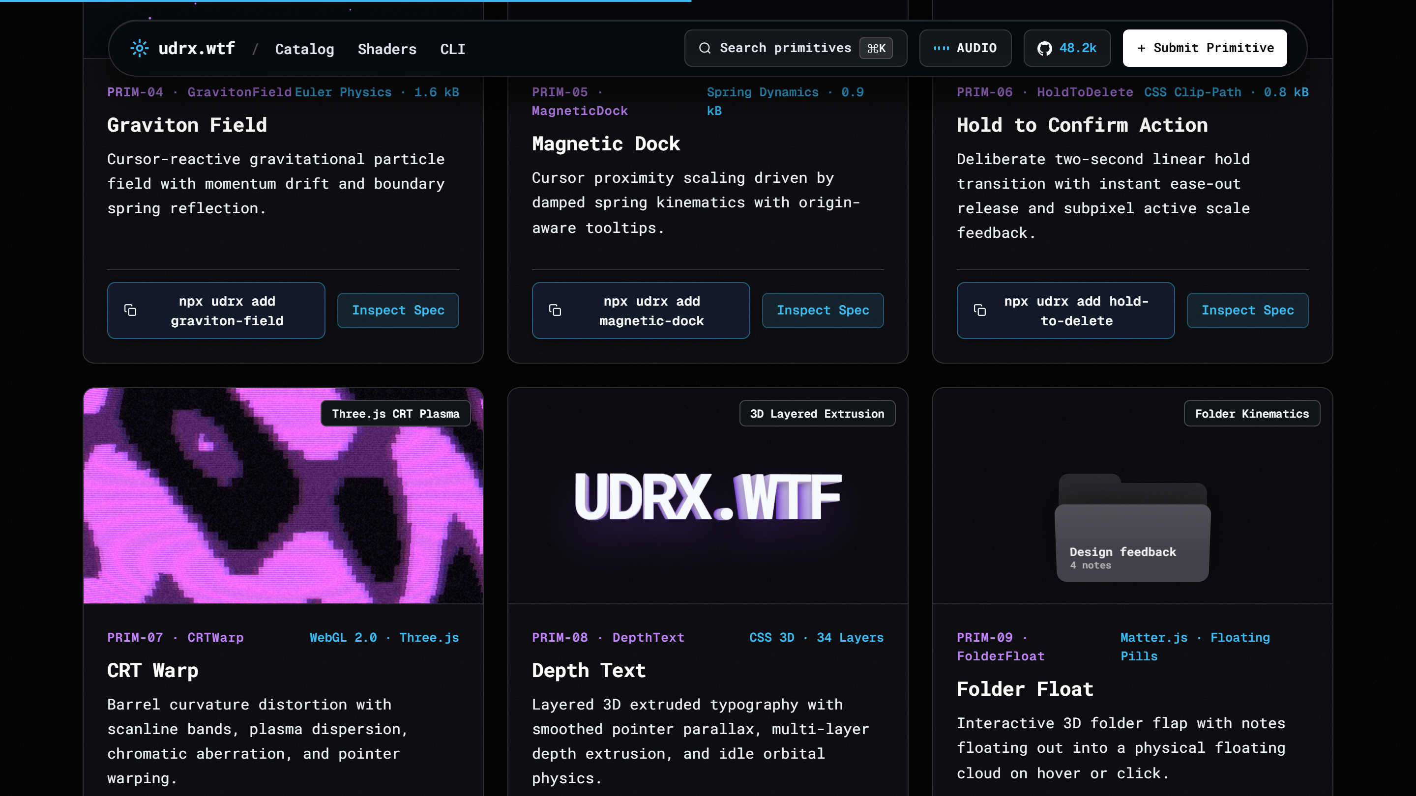 UDRX component catalog with magnetic dock, hold-to-confirm, CRT warp, depth text, and floating folder examples