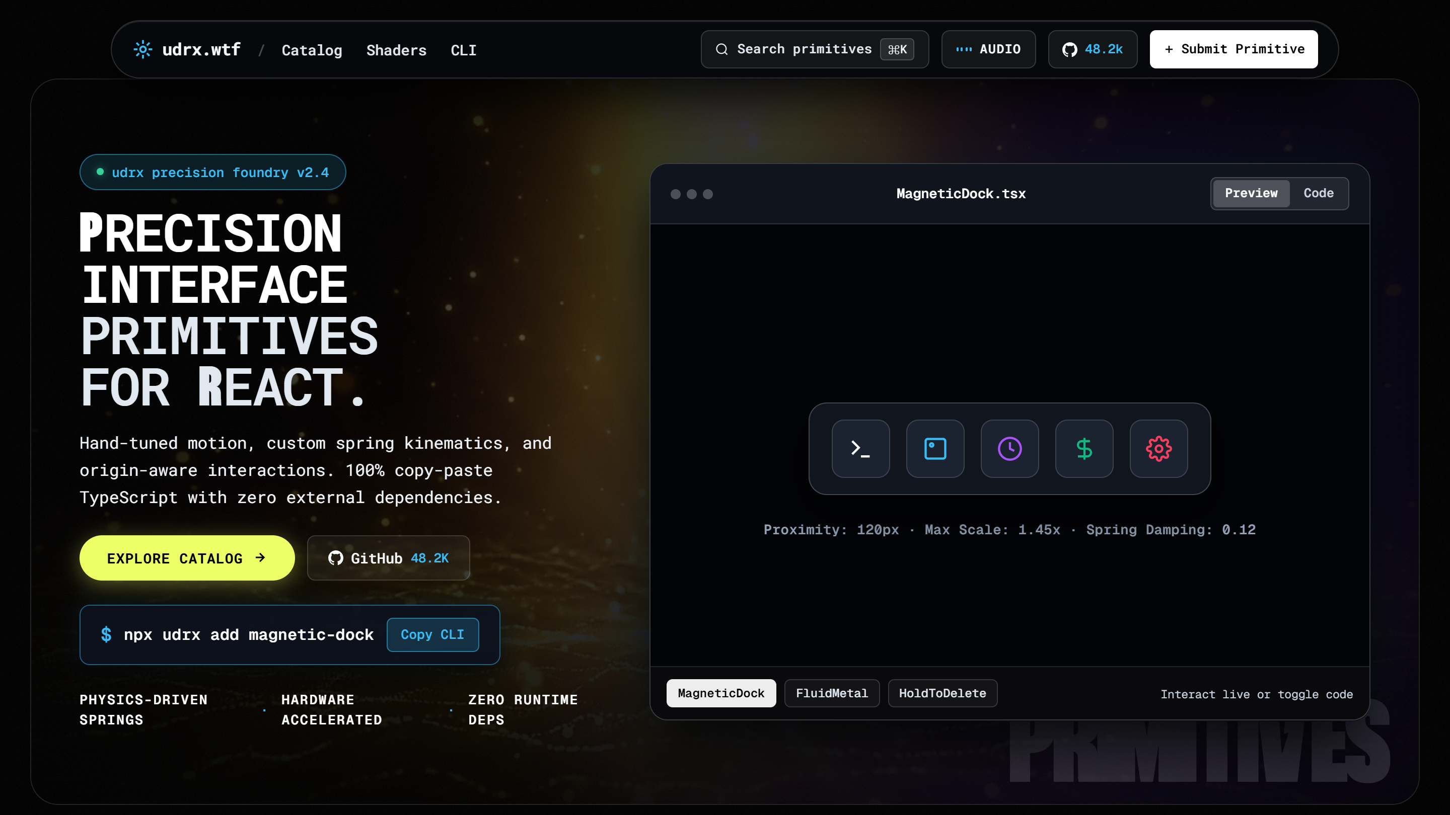 UDRX’s homepage showing a magnetic dock preview, Preview and Code controls, and a component installation command